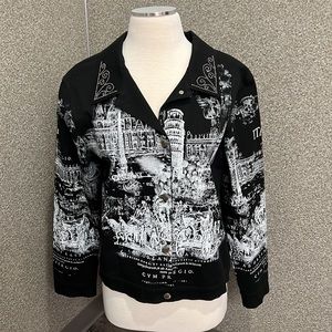 Cactus Italy Graphic Button Up Black Rhinestone Denim Jacket Size Large